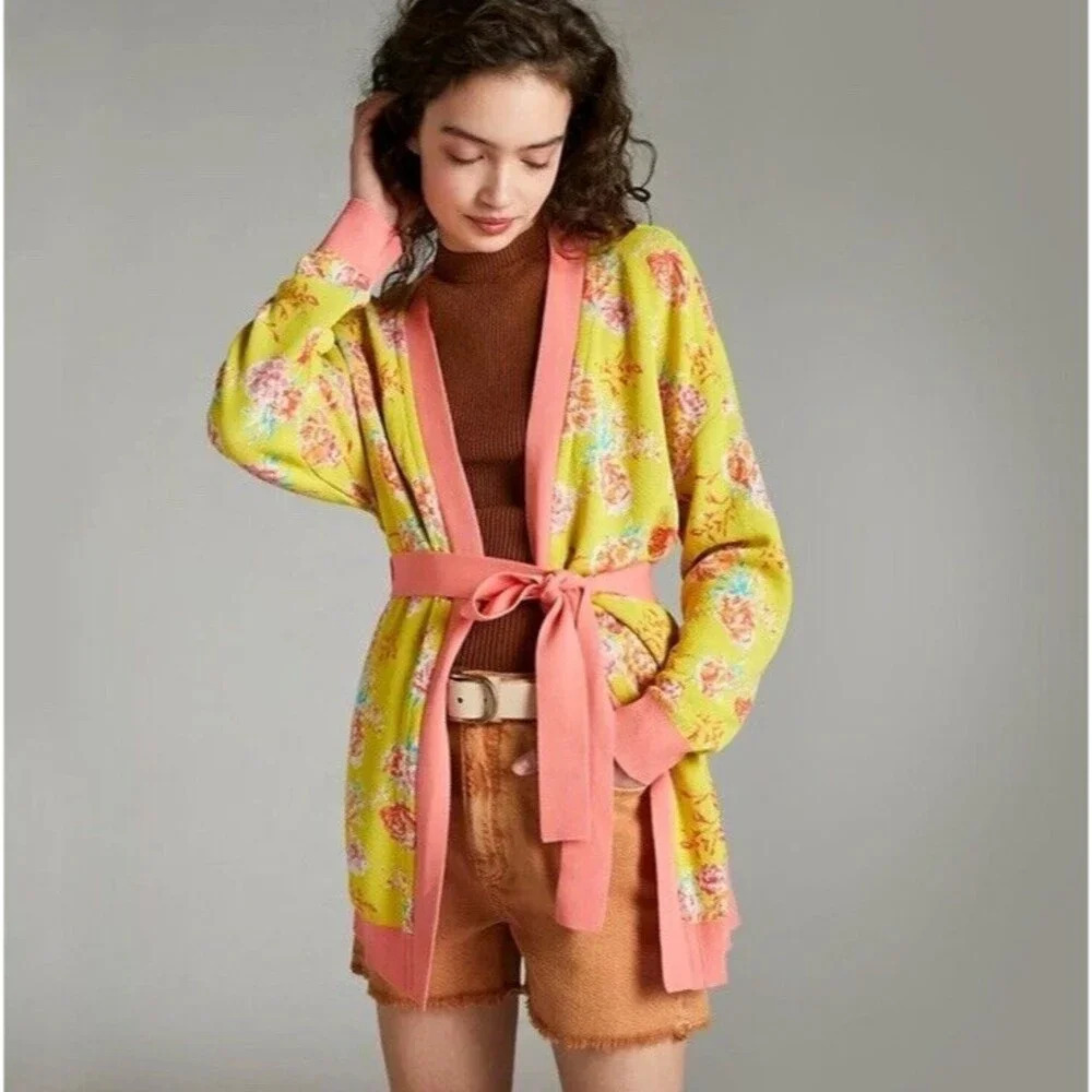 Anthropologie Yellow Floral Cardigan with Pink Accents